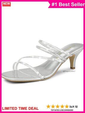 Rhinestone Strappy Square Toe Kitten Heel Slide Sandals